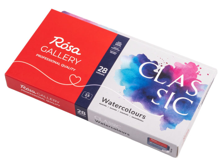 ROSA Gallery Classic Watercolour Set packaging for 28 colours, featuring the updated Classic Collection design with vibrant blue and pink watercolour artwork, professional-quality watercolours in a metal case and a versatile artist palette developed for watercolour painting, sketching and illustration