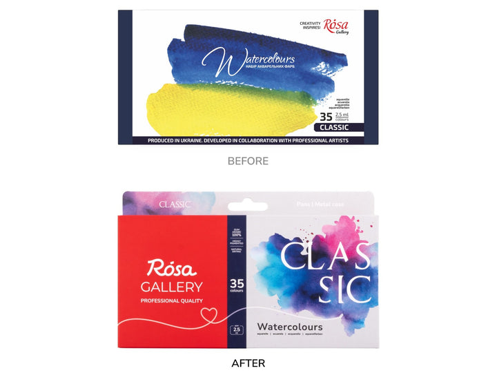 Comparison image showing the previous and updated ROSA Gallery Classic Watercolour Set packaging for 35 colours, highlighting the transition from the original Classic watercolour packaging to the new Classic Collection design with refreshed branding, vibrant blue and pink watercolour artwork and updated product presentation