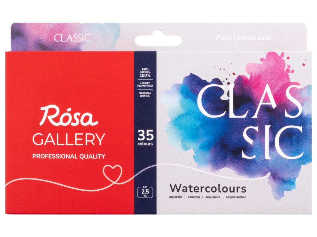 ROSA Gallery Classic Watercolour Set packaging for 35 colours, featuring the updated Classic Collection design with vibrant blue and pink watercolour artwork, professional-quality watercolours in a metal case and a versatile artist palette developed for watercolour painting, sketching and illustration