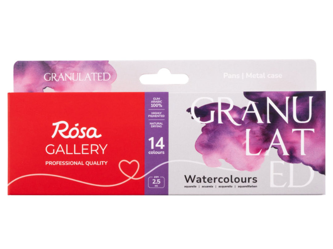 ROSA Gallery Granulated Watercolour Set packaging for 14 colours, featuring the updated Granulated Collection design with purple and pink watercolour artwork, professional-quality granulating watercolours and a metal case format designed to create textured washes, pigment separation and expressive granulated effects