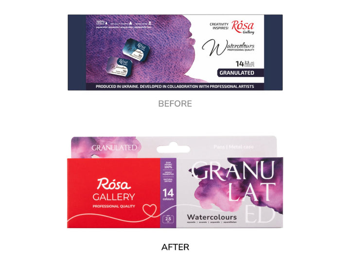 Comparison image showing the previous and updated ROSA Gallery Granulated Watercolour Set packaging for 14 colours, highlighting the transition from the original Granulated watercolour packaging to the new Granulated Collection design with refreshed branding, contemporary purple watercolour artwork and updated product presentation