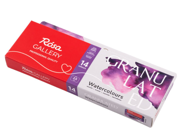 ROSA Gallery Granulated Watercolour Set packaging for 14 colours, featuring the updated Granulated Collection design with purple watercolour artwork, professional-quality granulating watercolours and a metal case format designed to create unique texture effects, pigment separation and expressive watercolour washes