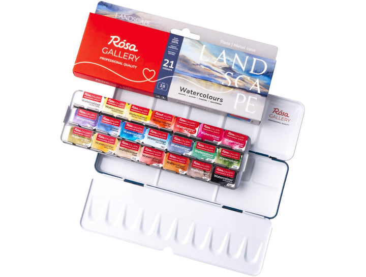 ROSA Gallery Landscape Watercolour Set showing 21 professional watercolour half pans arranged in a metal travel case with integrated mixing palette, accompanied by Landscape Collection packaging and a curated colour selection developed for landscape painting, plein air artwork, urban sketching and capturing natural scenery