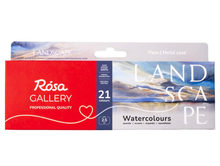 ROSA Gallery Landscape Watercolour Set packaging for 21 colours, featuring the updated Landscape Collection design with landscape-inspired artwork, professional-quality watercolours in a metal case and a curated palette developed for landscape painting, plein air artwork, urban sketching and capturing natural scenery