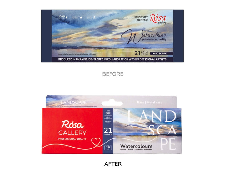 Comparison image showing the previous and updated ROSA Gallery Landscape Watercolour Set packaging for 21 colours, highlighting the transition from the original landscape-themed design to the new Landscape Collection packaging with refreshed branding and updated product presentation
