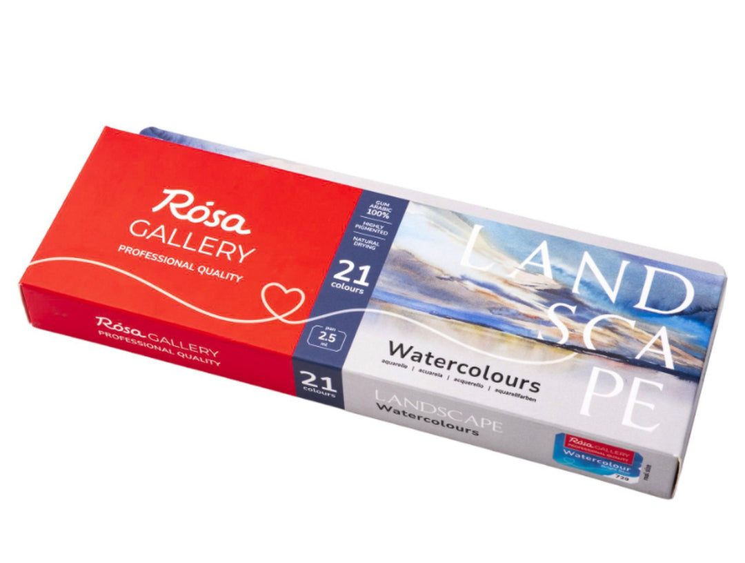 ROSA Gallery Landscape Watercolour Set packaging for 21 colours, featuring landscape-inspired artwork, professional-quality watercolours in full pans and a metal case format. The updated Landscape Collection packaging highlights a curated palette developed for landscape painting, plein air artwork, urban sketching and capturing natural scenery
