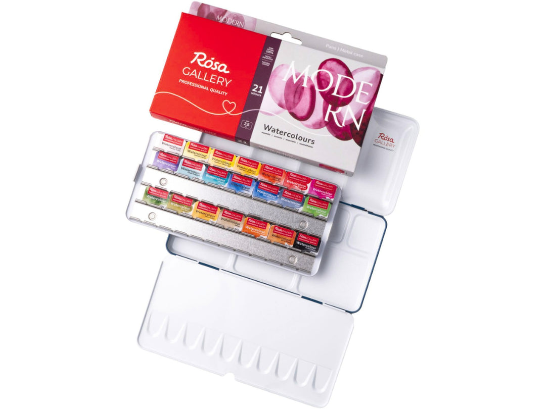 ROSA Gallery Modern Watercolour Set showing 21 professional watercolour half pans arranged in a metal travel case with integrated mixing palette, accompanied by updated Modern Collection packaging and a curated colour selection developed for contemporary watercolour painting, illustration, urban sketching and creative colour exploration