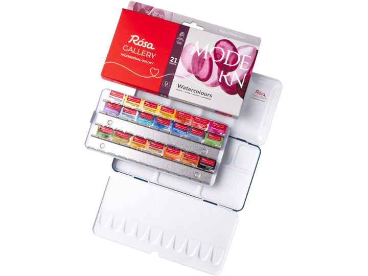 ROSA Gallery Modern Watercolour Set showing 21 professional watercolour half pans arranged in a metal travel case with integrated mixing palette, accompanied by updated Modern Collection packaging and a curated colour selection developed for contemporary watercolour painting, illustration, urban sketching and creative colour exploration