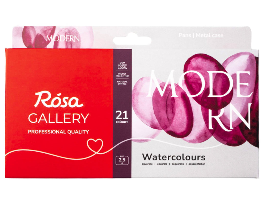 ROSA Gallery Modern Watercolour Set packaging for 21 colours, featuring the updated Modern Collection design with vibrant magenta watercolour artwork, professional-quality artist watercolours in a metal case and a curated palette developed for contemporary watercolour painting, illustration and creative colour exploration