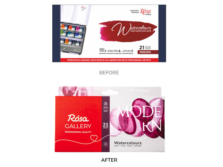 Comparison image showing the previous and updated ROSA Gallery Modern Watercolour Set packaging for 21 colours, highlighting the transition from the original Modern watercolour packaging to the new Modern Collection design with refreshed branding, contemporary magenta artwork and updated product presentation