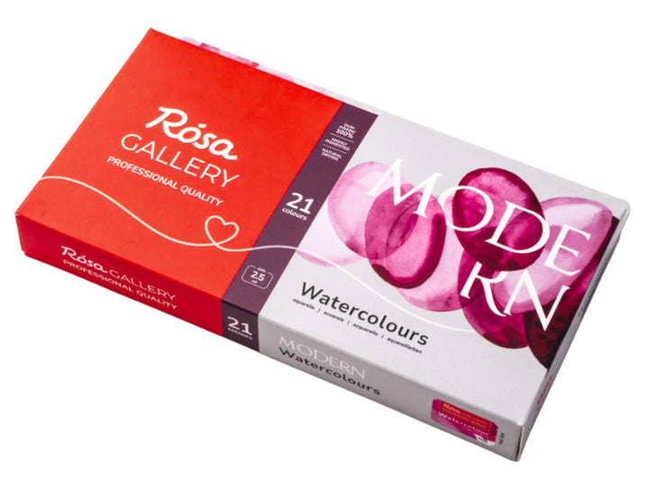 ROSA Gallery Modern Watercolour Set packaging for 21 colours, featuring the updated Modern Collection design with vibrant magenta watercolour artwork, professional-quality watercolours in a metal case and a curated palette developed for contemporary watercolour painting, illustration, urban sketching and creative colour exploration