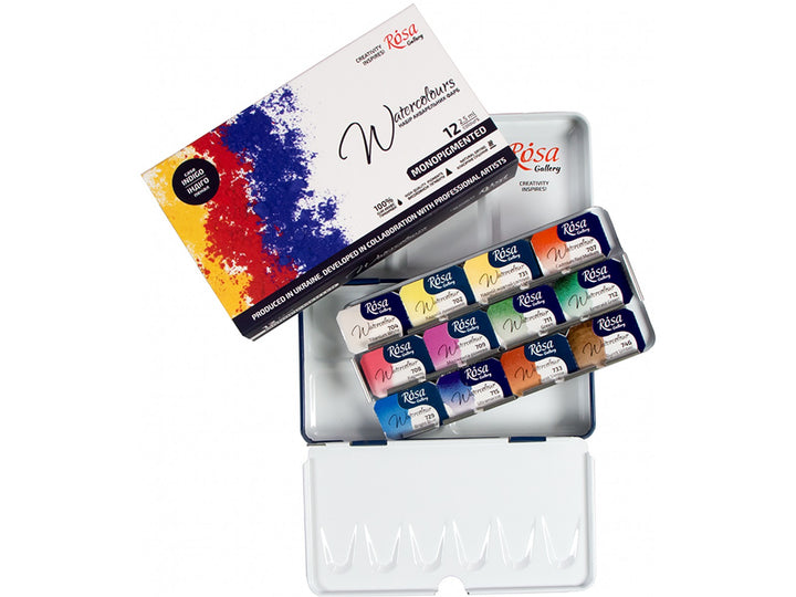 Rosa Gallery monopigmented watercolour set of 12 colours in open tin with packaging and paint pans