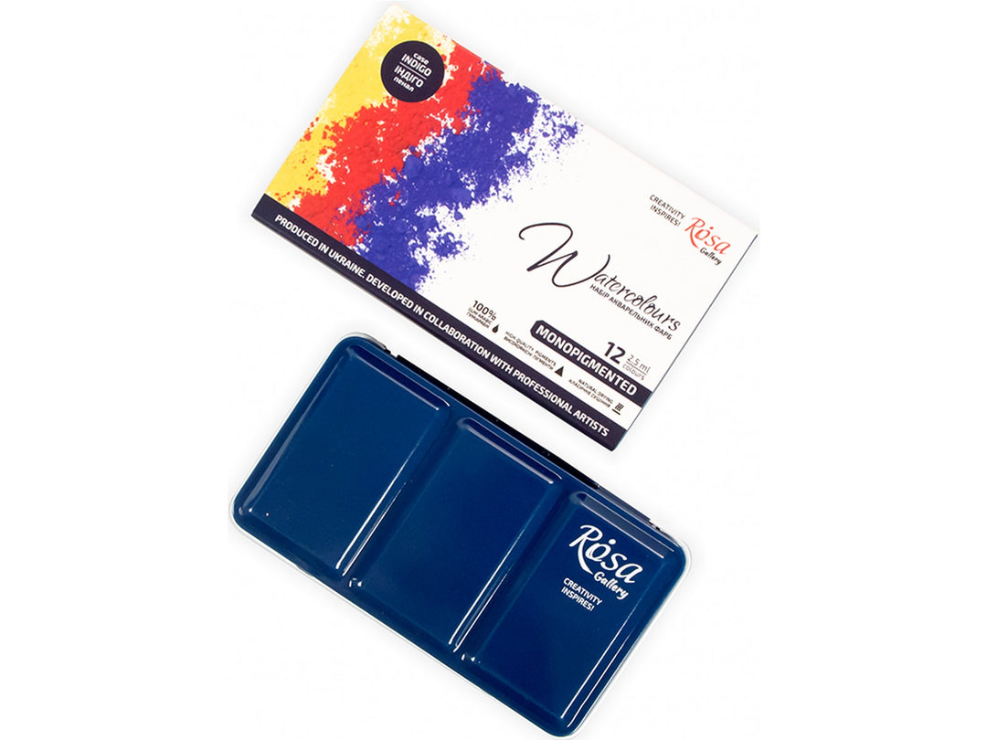 Rosa Gallery monopigmented watercolour set of 12 colours packaging with empty metal tin case