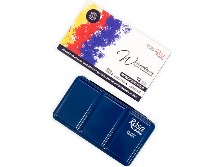 Rosa Gallery monopigmented watercolour set of 12 colours packaging with empty metal tin case