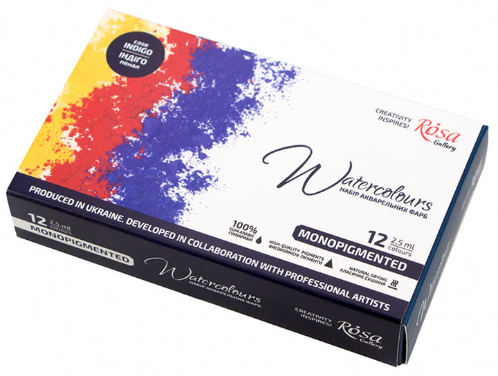 Rosa Gallery monopigmented watercolour set of 12 colours packaging with colour splash design