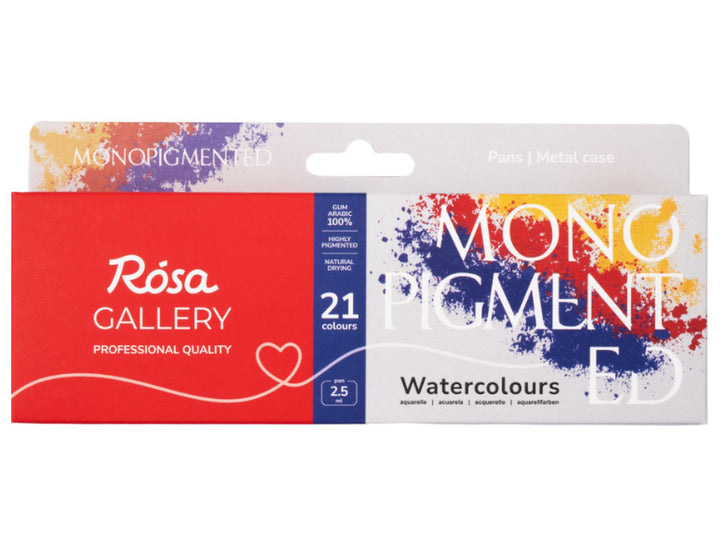 ROSA Gallery Monopigmented Watercolour Set packaging for 21 colours, featuring the updated Monopigmented Collection design with colourful pigment-inspired artwork, professional-quality single-pigment watercolours in a metal case and a curated palette developed for pure colour, clean mixing and professional watercolour painting