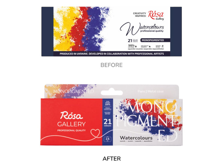 Comparison image showing the previous and updated ROSA Gallery Monopigmented Watercolour Set packaging for 21 colours, highlighting the transition from the original Monopigmented packaging design to the new Monopigmented Collection packaging with refreshed branding, colourful pigment-inspired artwork and updated product presentation
