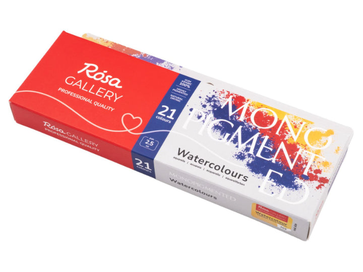 ROSA Gallery Monopigmented Watercolour Set packaging for 21 colours, featuring the updated Monopigmented Collection design with colourful pigment-inspired artwork, professional-quality single-pigment watercolours in a metal case and a curated palette developed for pure colour, clean mixing and professional watercolour painting