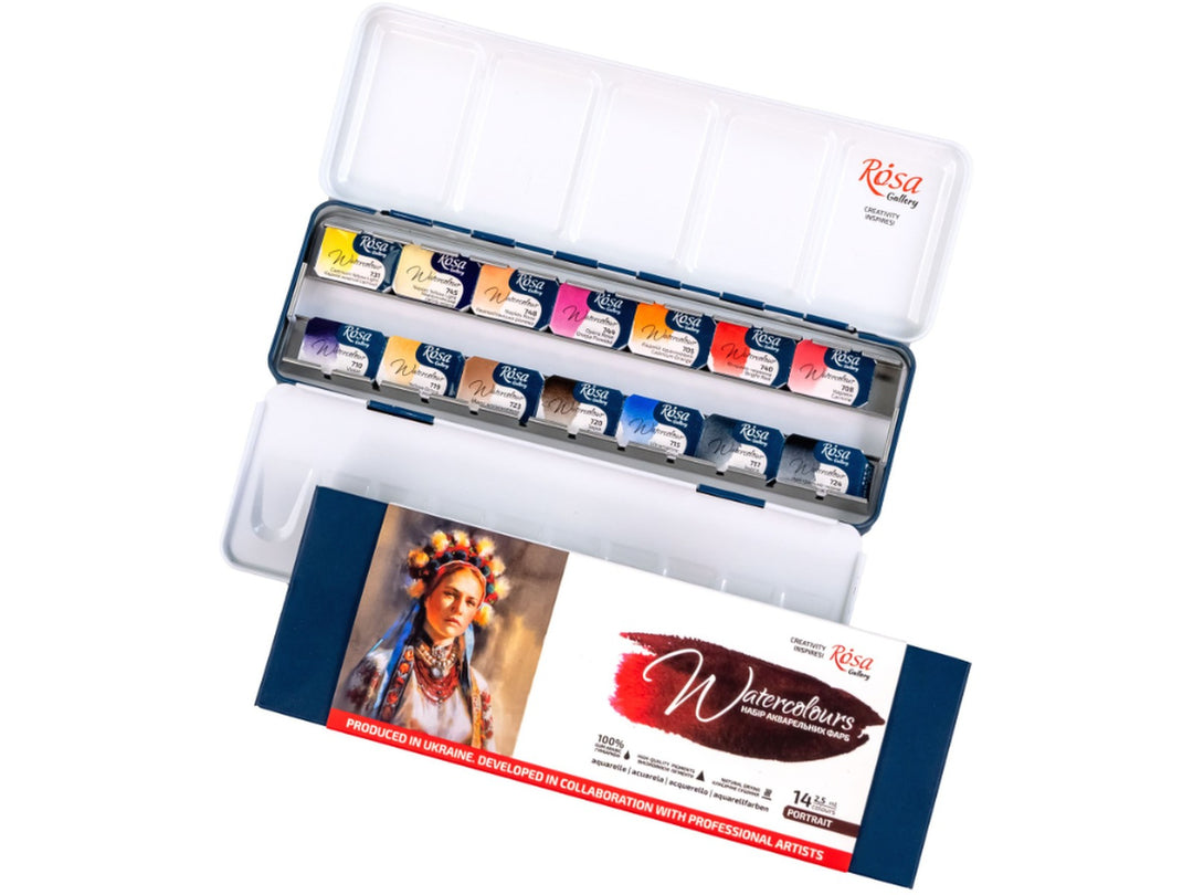 ROSA Gallery Portrait Watercolour Set showing 14 professional watercolour half pans arranged in a metal travel case, accompanied by portrait-themed packaging and an integrated mixing palette, featuring a curated colour selection developed for portrait painting, skin tone mixing and figurative artwork