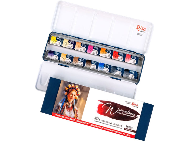 ROSA Gallery Portrait Watercolour Set showing 14 professional watercolour half pans arranged in a metal travel case, accompanied by portrait-themed packaging and an integrated mixing palette, featuring a curated colour selection developed for portrait painting, skin tone mixing and figurative artwork