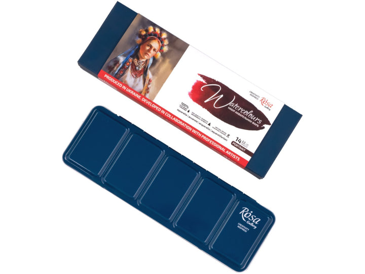 ROSA Gallery Portrait Watercolour Set featuring portrait-themed packaging alongside the metal case lid, showcasing the integrated mixing palette with multiple mixing wells and a curated colour selection developed for portrait painting, skin tone mixing and figurative artwork