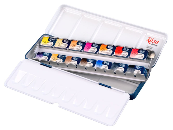 ROSA Gallery Portrait Watercolour Set open metal case displaying 14 professional watercolour half pans, integrated mixing palette surfaces and a curated colour selection developed for portrait painting, skin tone mixing, figurative artwork and character studies