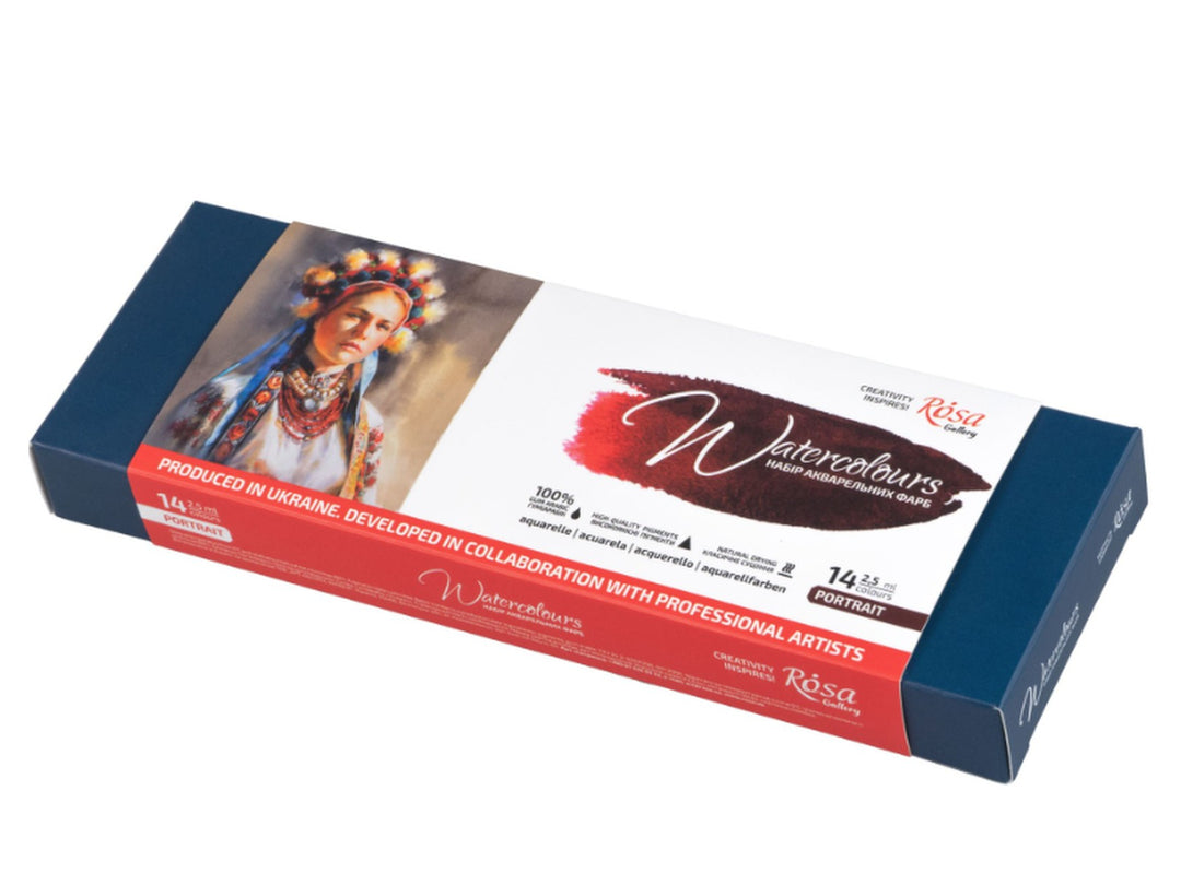 ROSA Gallery Portrait Watercolour Set packaging for 14 colours, featuring portrait-focused artwork, a curated colour palette developed for portrait painting, professional-grade watercolours in a metal case and packaging highlighting collaboration with professional artists