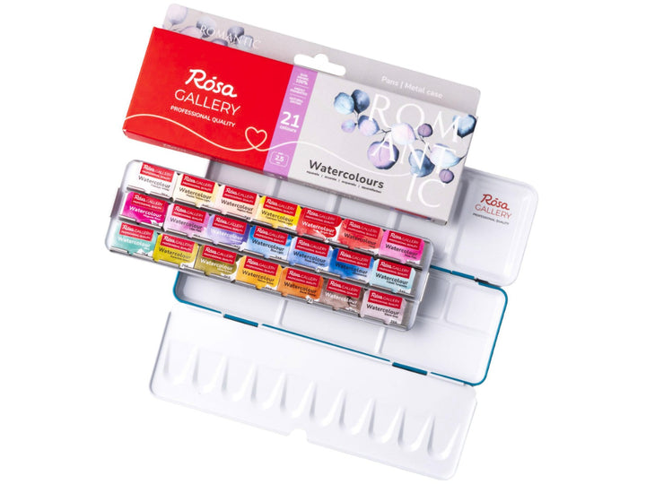 ROSA Gallery Romantic Watercolour Set showing 21 professional watercolour half pans arranged in a metal travel case with integrated mixing palette, accompanied by updated Romantic Collection packaging featuring floral artwork and a curated colour palette developed for floral painting, botanical artwork, illustration and expressive watercolour techniques