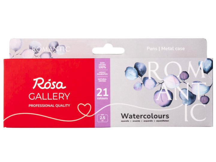 ROSA Gallery Romantic Watercolour Set packaging for 21 colours, featuring the updated Romantic Collection design with delicate floral artwork, professional-quality watercolours in a metal case and a curated colour palette developed for floral painting, botanical artwork, illustration and expressive watercolour techniques
