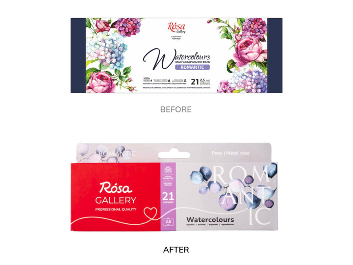 Comparison image showing the previous and updated ROSA Gallery Romantic Watercolour Set packaging for 21 colours, highlighting the transition from the original floral-themed Romantic watercolour packaging to the new Romantic Collection design with refreshed branding, delicate botanical artwork and updated product presentation