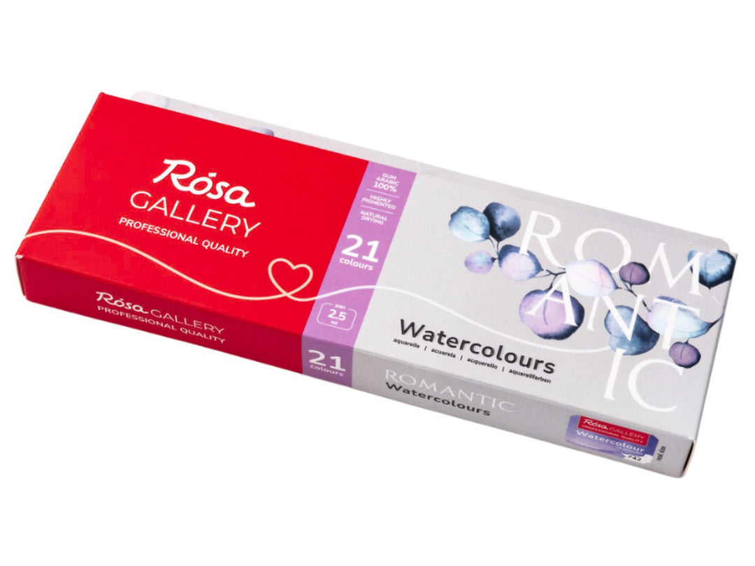 ROSA Gallery Romantic Watercolour Set packaging for 21 colours, featuring the updated Romantic Collection design with delicate floral artwork, professional-quality watercolours in a metal case and a curated colour palette developed for floral painting, botanical artwork, illustration and expressive watercolour techniques