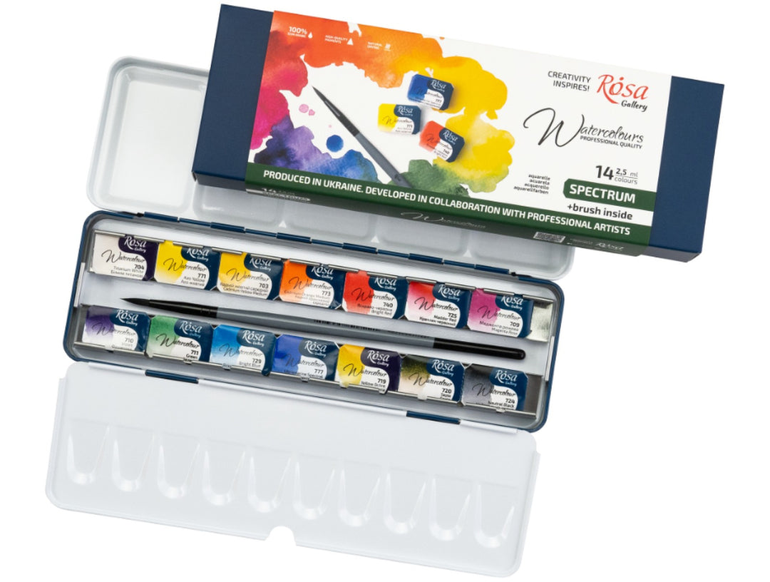 ROSA Gallery Spectrum Watercolour Set showing 14 professional watercolour half pans arranged in a metal travel case with integrated mixing palette, accompanied by updated Spectrum Collection packaging and an included travel brush, designed for versatile watercolour painting, sketching and colour mixing