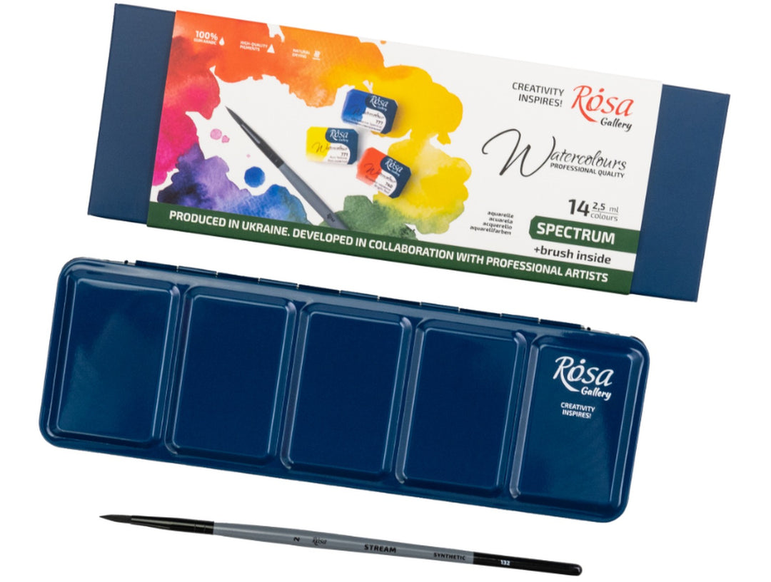 ROSA Gallery Spectrum Watercolour Set packaging alongside the metal case lid and included travel brush, showcasing the integrated mixing palette, updated Spectrum Collection artwork and portable all-in-one design for watercolour painting, sketching and colour mixing on the go