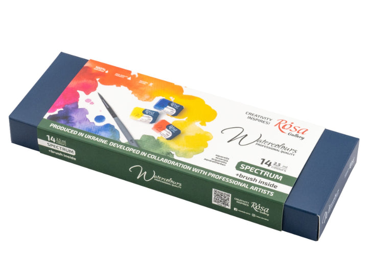 ROSA Gallery Spectrum Watercolour Set packaging for 14 colours, featuring the updated Spectrum Collection design with vibrant rainbow-inspired artwork, a travel watercolour brush, professional watercolour pans and a metal case format designed for versatile painting, sketching and colour mixing