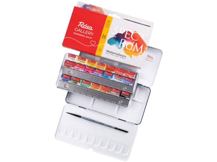 ROSA Gallery Spectrum Watercolour Set showing 21 professional watercolour half pans arranged in a metal travel case with integrated mixing palette, accompanied by updated Spectrum Collection packaging and an included travel brush, designed for versatile watercolour painting, colour mixing, illustration and creative exploration