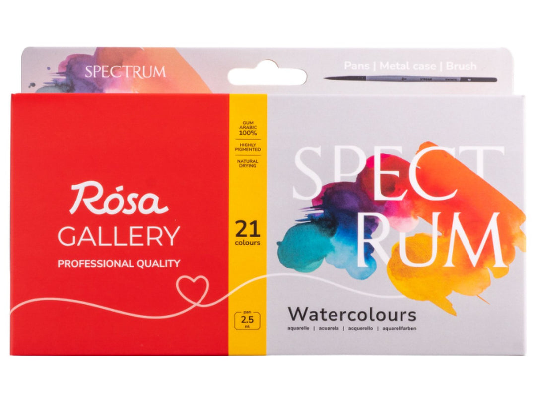 ROSA Gallery Spectrum Watercolour Set packaging for 21 colours, featuring the updated Spectrum Collection design with vibrant spectrum-inspired watercolour artwork, professional-quality watercolours in a metal case and an included travel brush, developed for versatile watercolour painting, illustration, urban sketching and creative colour exploration