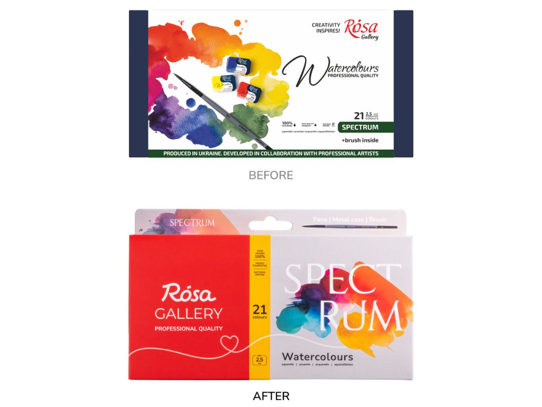 Comparison image showing the previous and updated ROSA Gallery Spectrum Watercolour Set packaging for 21 colours, highlighting the transition from the original artist-collaboration Spectrum packaging to the new Spectrum Collection design with refreshed branding, vibrant spectrum-inspired artwork and updated product presentation