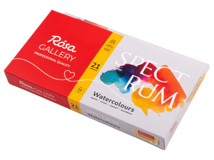 ROSA Gallery Spectrum Watercolour Set packaging for 21 colours, featuring the updated Spectrum Collection design with vibrant spectrum-inspired watercolour artwork, professional-quality watercolours in a metal case and a curated palette developed for versatile colour mixing, watercolour painting, illustration and creative exploration