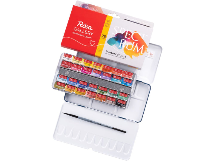 ROSA Gallery Spectrum Watercolour Set showing 28 professional watercolour half pans arranged in a metal travel case with integrated mixing palette, accompanied by updated Spectrum Collection packaging and an included travel brush, designed for versatile watercolour painting, colour mixing, illustration and creative exploration