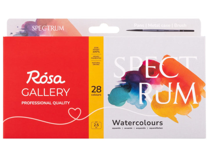 ROSA Gallery Spectrum Watercolour Set packaging for 28 colours, featuring the updated Spectrum Collection design with vibrant multicoloured watercolour artwork, professional-quality watercolours in a metal case and an included travel brush, developed for versatile watercolour painting, colour mixing, illustration and creative exploration