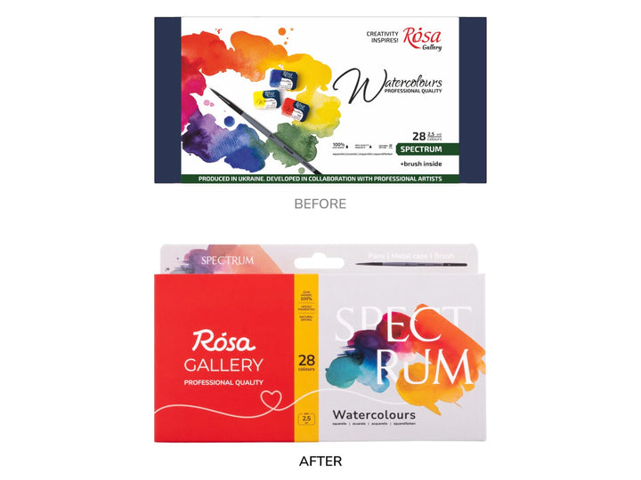 Comparison image showing the previous and updated ROSA Gallery Spectrum Watercolour Set packaging for 28 colours, highlighting the transition from the original artist-collaboration Spectrum packaging to the new Spectrum Collection design with refreshed branding, vibrant multicoloured watercolour artwork and updated product presentation