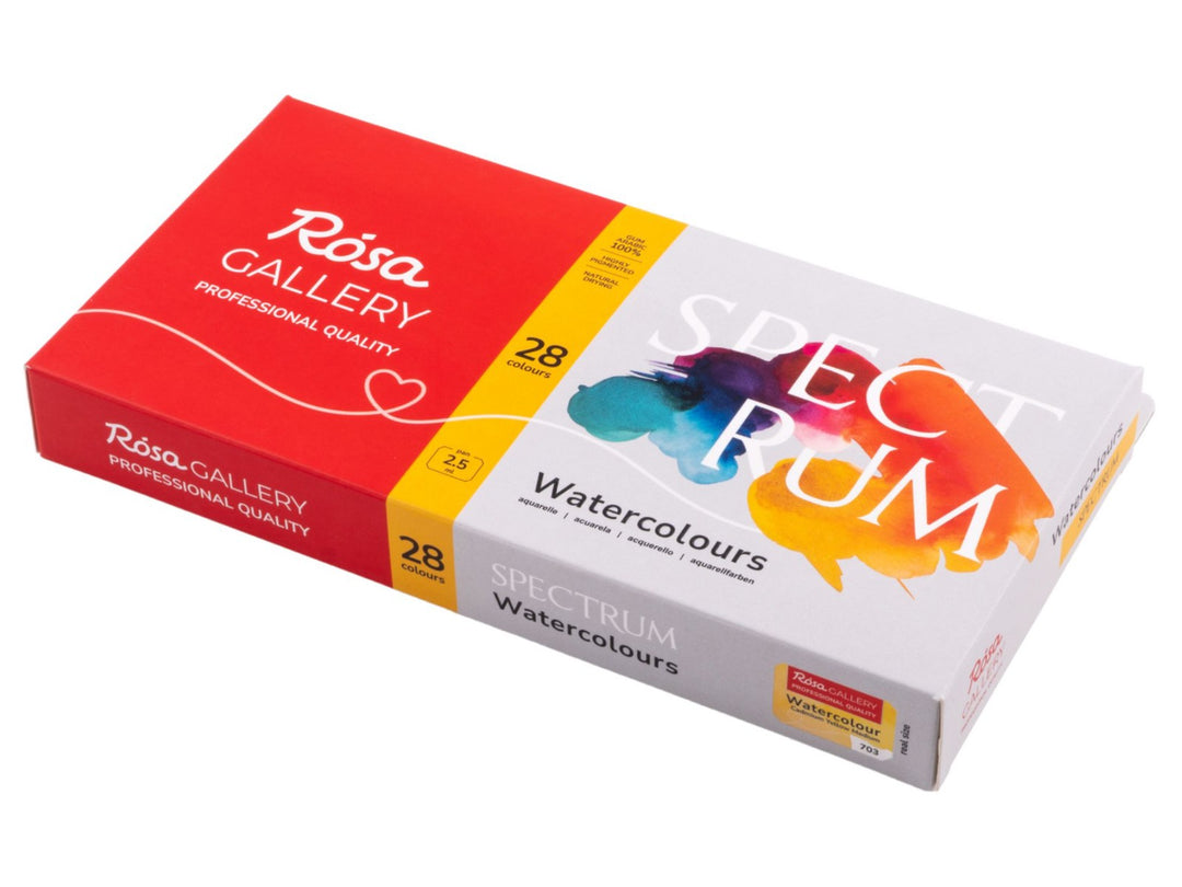 ROSA Gallery Spectrum Watercolour Set packaging for 28 colours, featuring the updated Spectrum Collection design with vibrant multicoloured watercolour artwork, professional-quality watercolours in a metal case and an included travel brush, developed for versatile watercolour painting, colour mixing, illustration and creative exploration