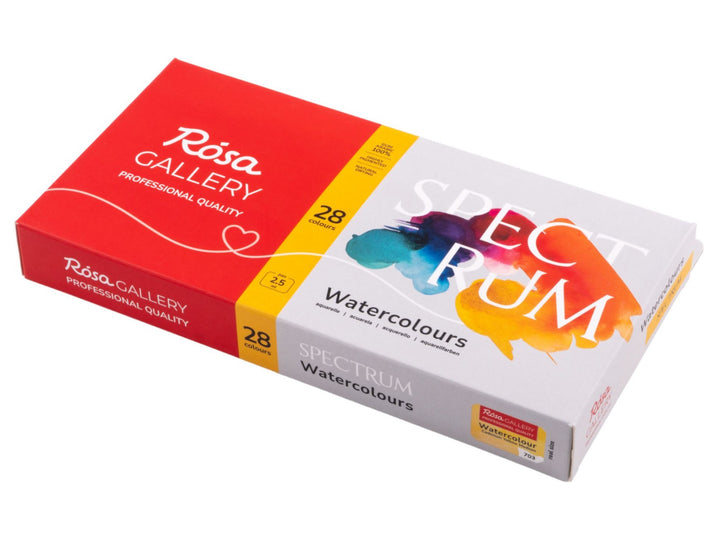 ROSA Gallery Spectrum Watercolour Set packaging for 28 colours, featuring the updated Spectrum Collection design with vibrant multicoloured watercolour artwork, professional-quality watercolours in a metal case and an included travel brush, developed for versatile watercolour painting, colour mixing, illustration and creative exploration