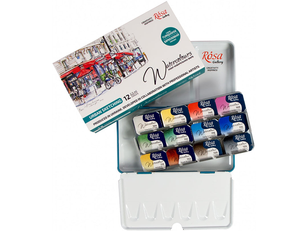 Rosa Gallery urban sketching watercolour set of 12 colours in open tin with packaging and paint pans