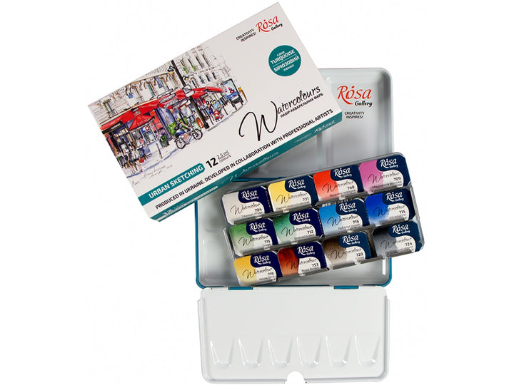 Rosa Gallery urban sketching watercolour set of 12 colours in open tin with packaging and paint pans