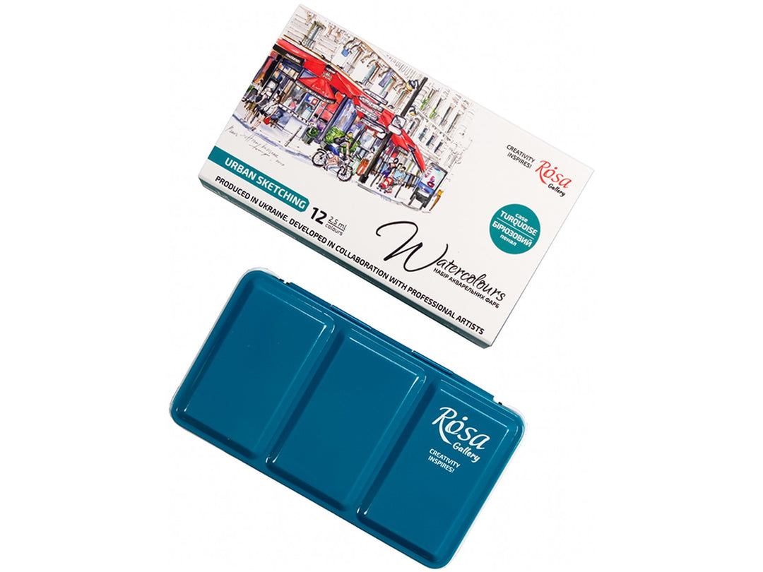Rosa Gallery urban sketching watercolour set of 12 colours packaging with empty metal tin case