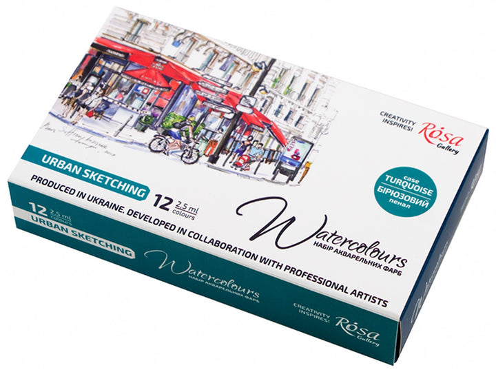 Rosa Gallery urban sketching watercolour set of 12 colours packaging with illustrated city scene