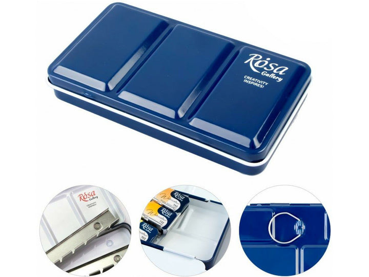 ROSA Gallery Indigo metal watercolour case for 12 full pans with integrated mixing palette, removable pan holders, secure finger ring on the base and durable enamel-coated metal construction for studio and plein air painting