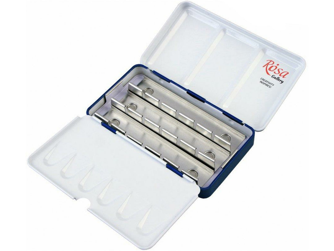 ROSA Gallery Indigo metal watercolour case opened to reveal space for 12 full pans, featuring a durable metal construction, integrated mixing palette in the lid and removable full-pan holders for creating a customised watercolour palette