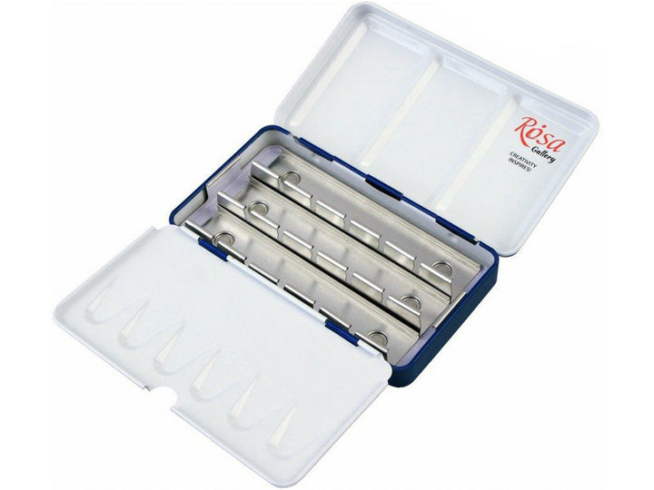 ROSA Gallery Indigo metal watercolour case opened to reveal space for 12 full pans, featuring a durable metal construction, integrated mixing palette in the lid and removable full-pan holders for creating a customised watercolour palette